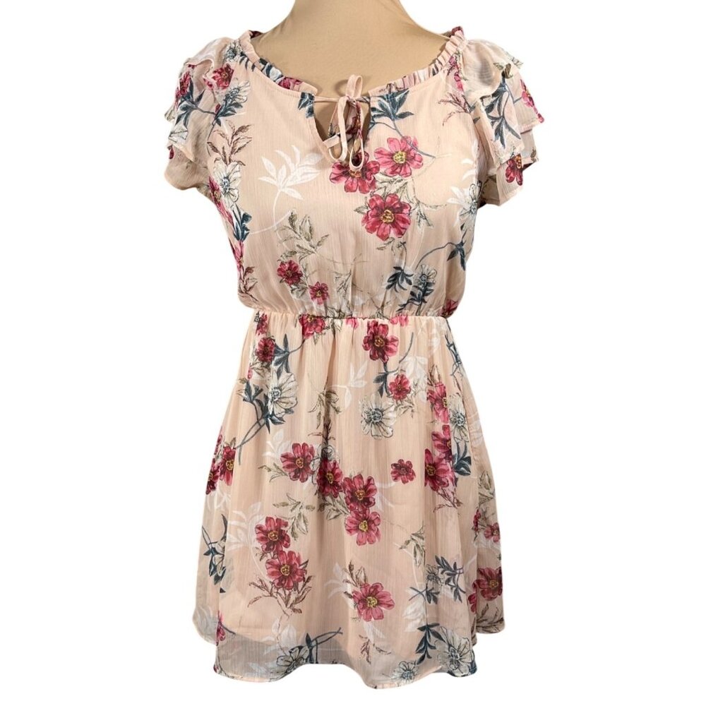 Xhilaration Mini Dress Size XS Blush Pink Floral Flutter Sleeve Elastic Waist